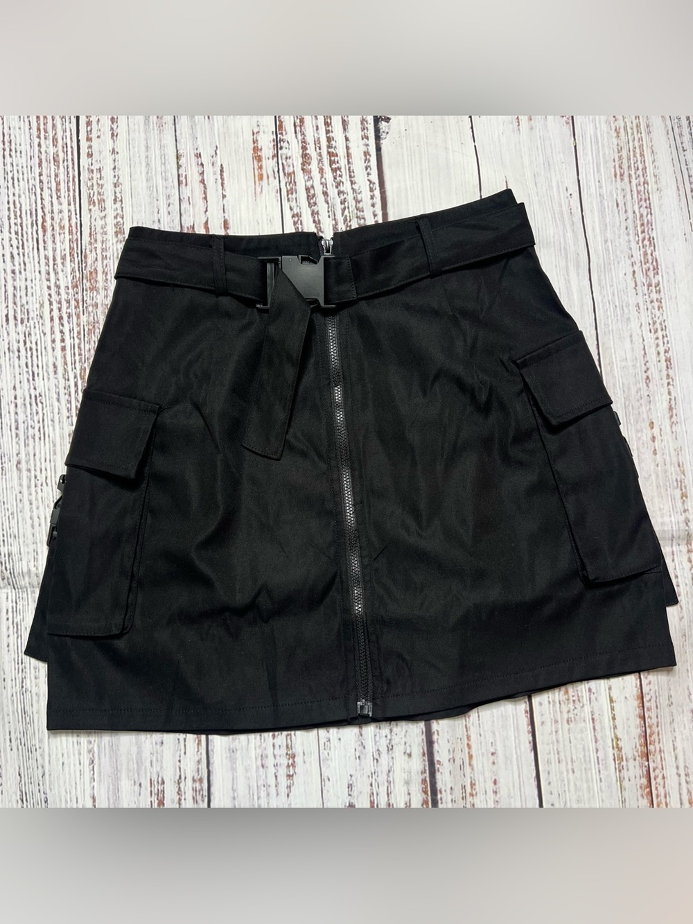 Black Cargo Utility Mini Skirt with Belt - Picture 2 of 11